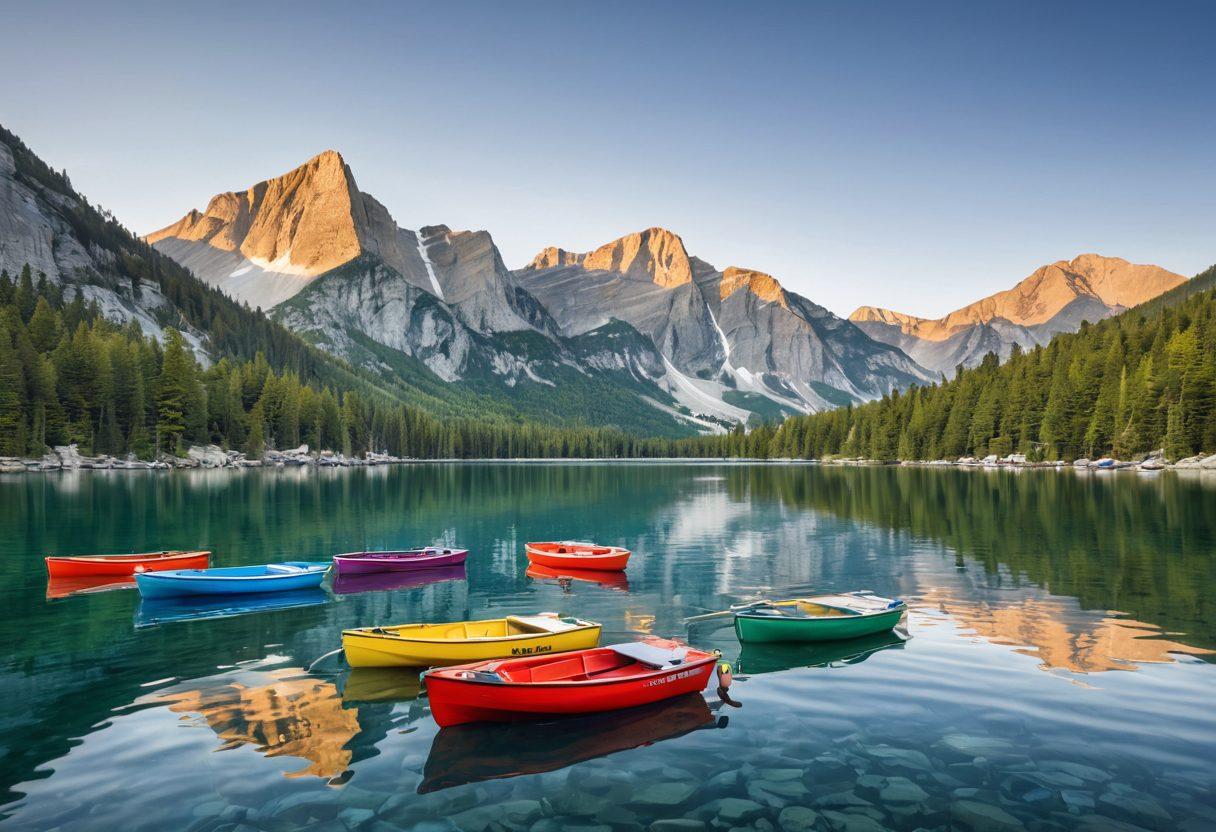 A serene lake scene with colorful boats gently bobbing on the water, a majestic mountain backdrop, and a clear blue sky. Floating text highlights key insurance tips, illustrated with nautical symbols like anchors and life preservers. The composition should evoke a sense of adventure and security for boaters. super-realistic. vibrant colors. white background.