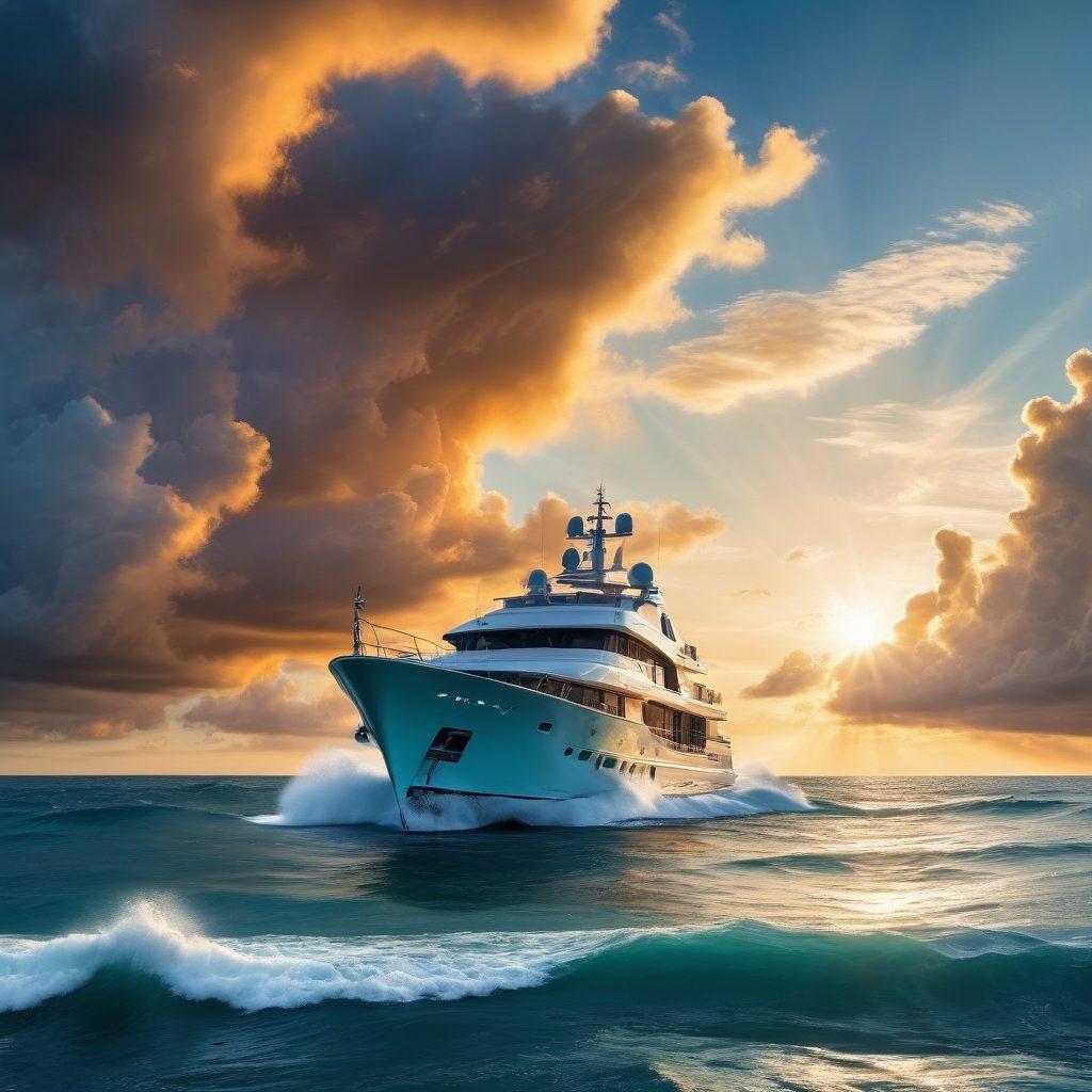 A captivating collage showcasing a luxurious yacht on one side, transitioning seamlessly into a rugged fishing vessel on the other. The scene features the vibrant ocean waves reflecting sunlight, with protective marine equipment displayed prominently in the foreground. A serene sky with soft clouds enhances the ambiance, symbolizing the harmony between leisure and utility at sea. super-realistic. vibrant colors. dynamic composition.