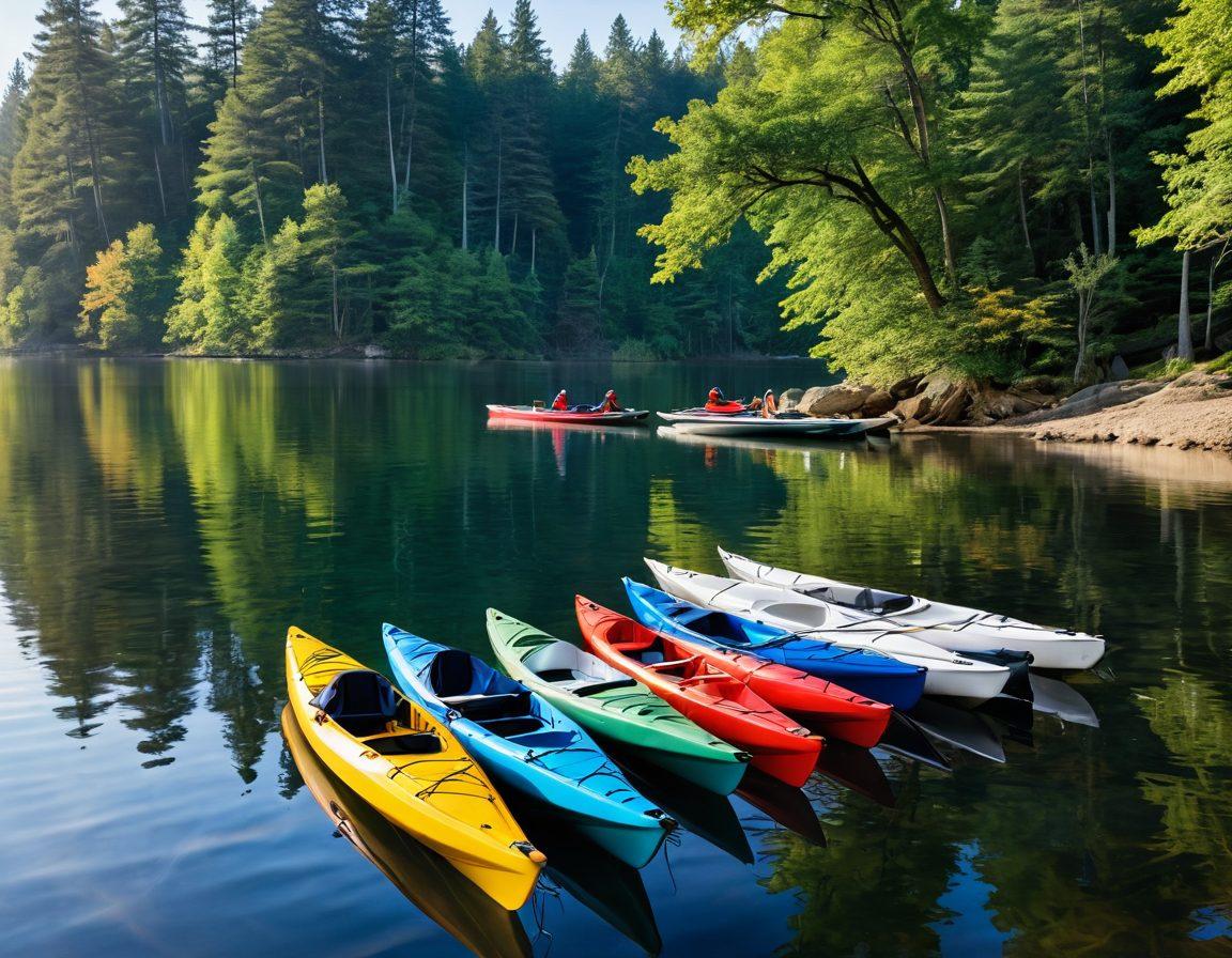 A serene lakeside scene showcasing various watercrafts like kayaks, sailboats, and motorboats, each labeled with specific insurance tips floating above them. In the background, a family enjoys a day on the water, symbolizing peace of mind through proper coverage. The water is calm and the sun is shining, creating a warm and inviting atmosphere for readers. vibrant colors. idyllic setting. super-realistic.